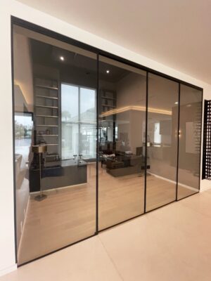 Double Sliding Glass Doors with Fixed Panels with Black Matte U Channel-min