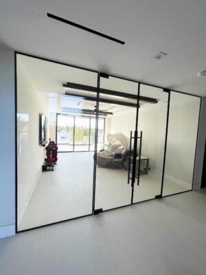 Double Swing Doors with Fixed Panels and Uchannel around - Black Matte-min